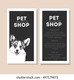 Vector set of pet shop flyers. Dog portrait isolated on black square text template. Black informational list. Use for pet clinic, store, food market, veterinary pharmacy, advertising, sale, discount