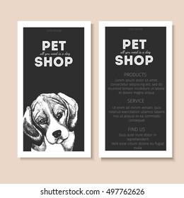 Vector set of pet shop flyers. Dog portrait isolated on black square text template. Black informational list. Use for pet clinic, store, food market, veterinary pharmacy, advertising, sale, discount