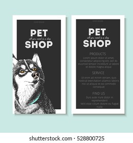 Vector set of pet shop flyers. Dog portrait isolated on black square text template. White informational list. Use for pet clinic, store, food market, veterinary pharmacy, advertising, sale, discount