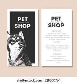 Vector set of pet shop flyers. Dog portrait isolated on black square text template. White informational list. Use for pet clinic, store, food market, veterinary pharmacy, advertising, sale, discount