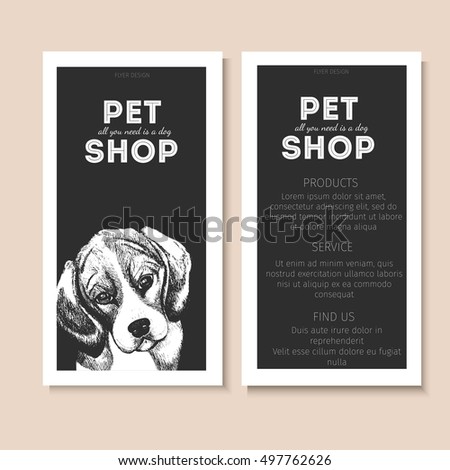 Vector set of pet shop flyers. Dog portrait isolated on black square text template. Black informational list. Use for pet clinic, store, food market, veterinary pharmacy, advertising, sale, discount