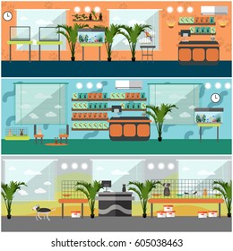 Vector set of pet shop interior concept posters, banners. Pet store, animals, pet food and accessories flat style design elements.