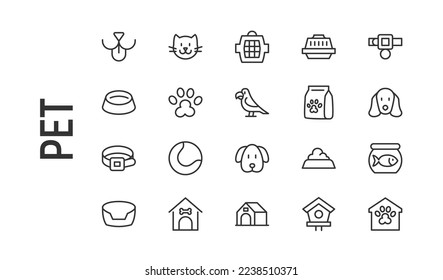 Vector set of pet thin line icons. Design of 20 stroke pictograms. Signs of pet isolated on a white background.