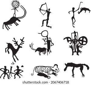 Vector set of petroglyphs of Kazakhstan. Ancient rock carvings in stone. Scythians, nomads of the steppe
