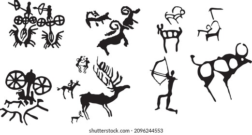 Vector set of petroglyphs of Kazakhstan. Ancient rock carvings in stone. Scythians, nomads of the steppe
