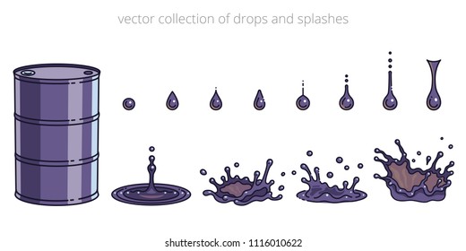 Vector set of petrol drops and splashes. Greasy oil barrel and collection of black and purple liquid elements. Different templates for promo in petroleum industry and oil trading. Simple linear style.