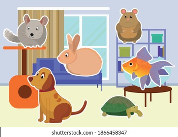 vector set of Pets. bright and modern children's illustration. Set with chinchilla, dog, fish, rabbit, and turtle in the home interior