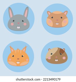 Vector set with pets. Collection of animal faces. Kawaii cute rabbit, hamster, guinea pig, squirrel, beaver. 