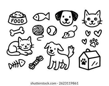 Conjunto vetorial de animais de estimação no estilo doodle. Mão desenhada. Elementos acessórios para animais de estimação: osso, pata, coleira, comida, gato e cachorro.