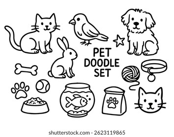 Conjunto vetorial de animais de estimação no estilo doodle. Mão desenhada. Elementos acessórios para animais de estimação: osso, pata, coleira, comida, gato e cachorro.