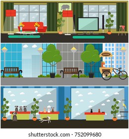 Vector set of pets interior posters, banners. Living room, showroom and street interior. Places where pets live, take part in exhibition and walk with their owners. Flat style design.