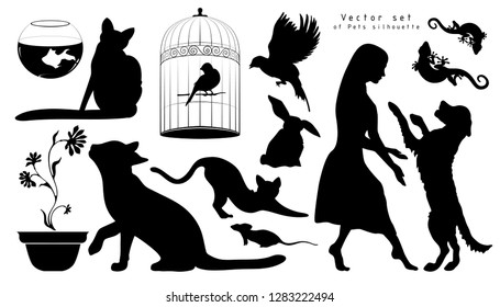 Vector set of pets isolated on white background.  Collection of Animals silhouettes for design use, cats, jumping dog, cage for birds,parrot, fish, lizards, rat, mouse, rabbit.