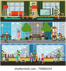 Vector set of pets posters, banners. Playing games at home and walking in the street with pets, dog, cat and domestic rabbit show flat style design elements.