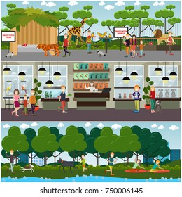 Vector set of pets and zoo animals posters, banners. Walking dog in the park, pet shop and zoo interior with domestic and wild animals, visitors. Flat style design.