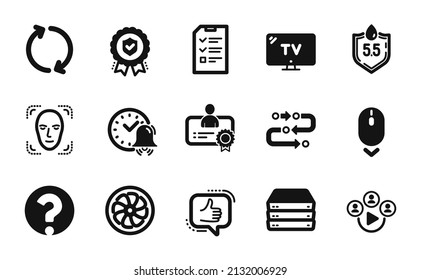 Vector set of Ph neutral, Tv and Fan engine icons simple set. Scroll down, Face detection and Servers icons. Video conference, Refresh and Alarm bell signs. Ph neutral simple web symbol. Vector