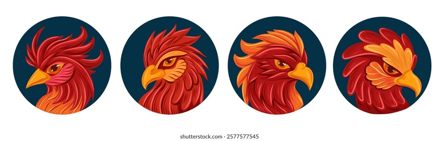 Vector set of phoenix portrait clip art. Collection of mythological birds in round icons isolated from background. Roosters and parrots in circles for stickers