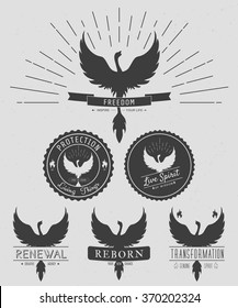 vector set of phoenix symbol vintage  logos, emblems, silhouettes and design elements. Symbolic and outdoor logos with grunge textures. Retro style. Vector