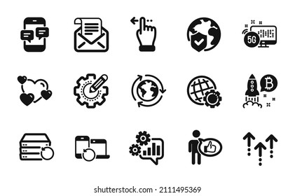 Vector set of Phone messages, Cogwheel and Bitcoin project icons simple set. Heart, Recovery server and Like icons. 5g internet, Settings gear and Swipe up signs. Vector