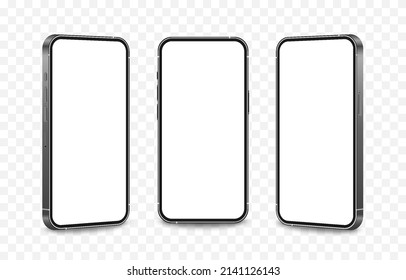 Conjunto vectorial de simulaciones telefónicas desde diferentes ángulos. Broma telefónica, dispositivo de tecnología, smartphone con pantalla en blanco. Pantalla vacía. Papúa Nueva Guinea.