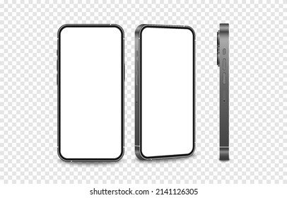 Vector set of phone mockups from different angles. Phone mockup, technology device, smartphone with blank screen. Empty display. PNG.