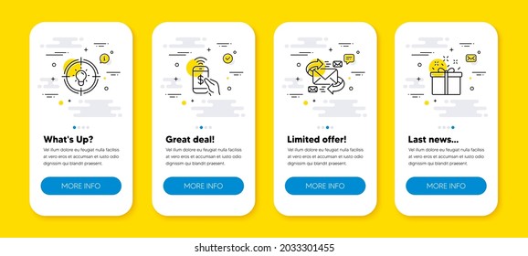 Vector set of Phone payment, Idea and E-mail line icons set. UI phone app screens with line icons. Special offer icon. Mobile pay, Solution, Communication by letters. Delivery box. Vector