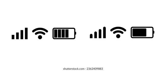 Conjunto vectorial de señal de teléfono, wifi y icono de la barra de estado de la batería aislado en fondo blanco. Ilustración vectorial.