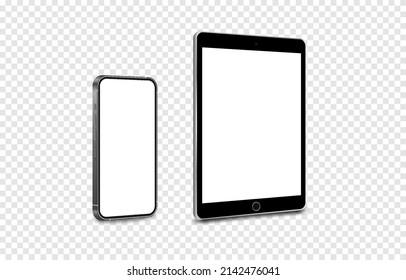 Conjunto vectorial de teléfono y tableta en ángulo. Teléfono, tablet, dispositivo de tecnología, paro de smartphone con pantalla en blanco. Pantalla vacía. Papúa Nueva Guinea.