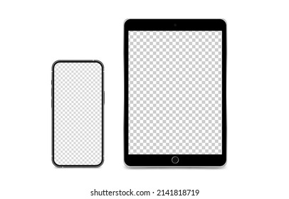 Vector Set Of Phone And Tablet. Phone, Tablet, Technology Device, Smartphone Mockup With Blank Screen. Empty Display. PNG.