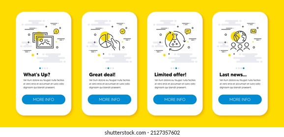 Vector Set Of Photo Album, Pie Chart And Chemistry Experiment Line Icons Set. UI Phone App Screens With Line Icons. Global Business Icon. Image Gallery, Presentation Graph, Laboratory Flask. Vector