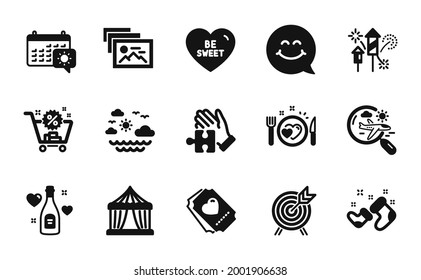 Vector set of Photo album, Smile face and Romantic dinner icons simple set. Travel sea, Circus tent and Archery icons. Search flight, Fireworks rocket and Puzzle signs. Vector