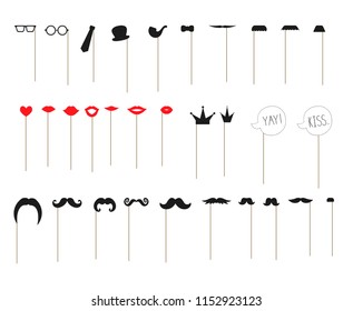 Vector set of photo booth props on sticks. Illustration of mustache, glasses, lips, heart, crown, pipe, speech bubble, hat, tie for holiday or party. Mustache season poster. Photo booth props picture