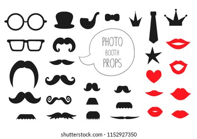 Vector set of photo booth props. Illustration of moustache, glasses, lips, heart, crown, pipe, speech bubble, hat, tie for holiday or party. Moustache season poster. Photo booth props picture