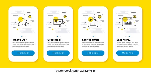 Vector set of Photo edit, Stars and Ice cream line icons set. UI phone app screens with line icons. Website statistics icon. Change image, Ranking stars, Sundae. Data analysis. Vector