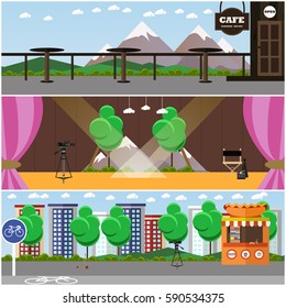 Vector set of photo, video interior concept backgrounds, posters, banners in flat design. Cafe on mountain, theater stage, city street, professional cameras.