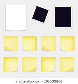 Vector set of photograph, yellow stickers, blank paper objects. Empty photo frames, yellow sticky notes. Realistic empty paper templates. 