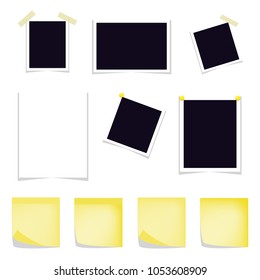 Vector set of photograph, yellow stickers, blank paper objects. Empty photo frames, yellow sticky notes. Realistic empty paper templates. 