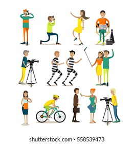 Vector set of photographers, videographers, journalists shooting and interviewing people, making reports for mass media. Couple taking selfie. Photo, video concept design elements, icons in flat style