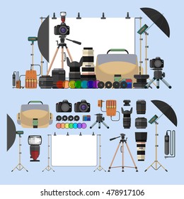 Vector Set Of Photography Isolated Objects. Photo Equipment Design Elements And Icons In Flat Style. Digital Cameras And Gadgets For Professional Studio Photography.