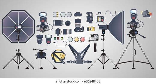Vector Set Of Photography Isolated Objects. Photo Equipment Design Elements And Icons In Flat Style. Digital Cameras And Gadgets For Professional Studio Photography.