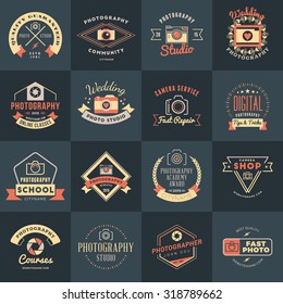 Vector Set of Photography Logo Design Templates. Photography Retro Vintage Badges and Labels.  Wedding Photography. Photo Studio. Camera Shop. Photography Community