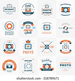 Vector Set of Photography Logo Design Templates. Photography Retro Vintage Badges and Labels.  Wedding Photography. Photo Studio. Camera Shop. Photography Community