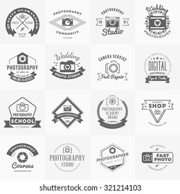 Vector Set of Photography Logo Design Templates. Photography Retro Vintage Badges and Labels.  Wedding Photography. Photo Studio. Camera Shop. Photography Community