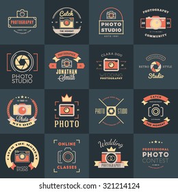 Vector Set of Photography Logo Design Templates. Photography Retro Vintage Badges and Labels.  Wedding Photography. Photo Studio. Camera Shop. Photography Community