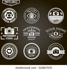 Vector set of photography and logo templates. Photo studio logotypes and design elements. Labels, emblems, badges and icons in vintage style. 