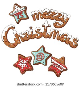 Vector set of phrase "merry christmas" and star shaped  ginger bread cookies  with red , white and blue glaze. Holiday christmas food design.