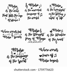 vector set of phrases, quotes about music. Black and white background