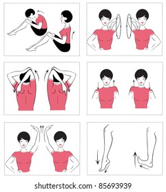 Vector set of physical exercises to relax the spine and ankle.
