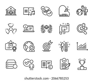 Vector set of Piano, Court building and Winner podium line icons set. Outsource work, Graph and Justice scales icons. Vip certificate, Chemical hazard and Statistics signs. Piano web symbol. Vector