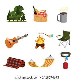 Vector Set of Picknic Party, Barbecue. Picknic Elemets in Flat Cartoon Style. Collection of Picknic Tools, Food, Wine, Fire for Caping Menu.