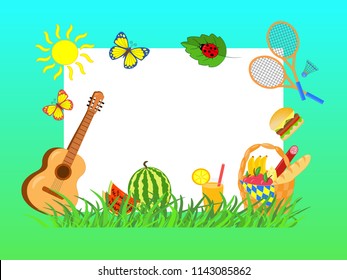 Vector set picnic with copy space: paper sheet, basket, badminton, guitar, watermelon, juice, butterfly on green background